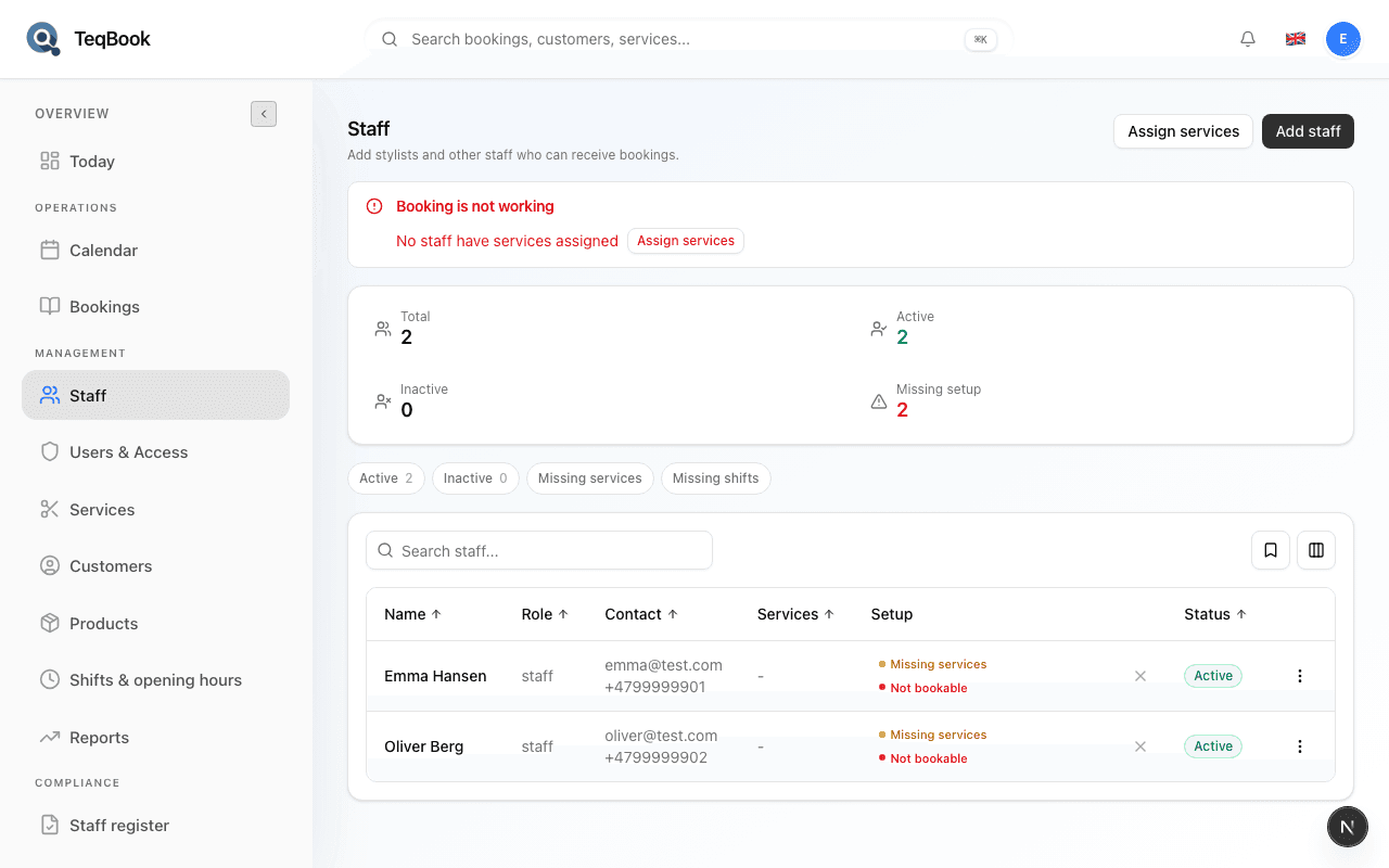 Staff page before assigning services