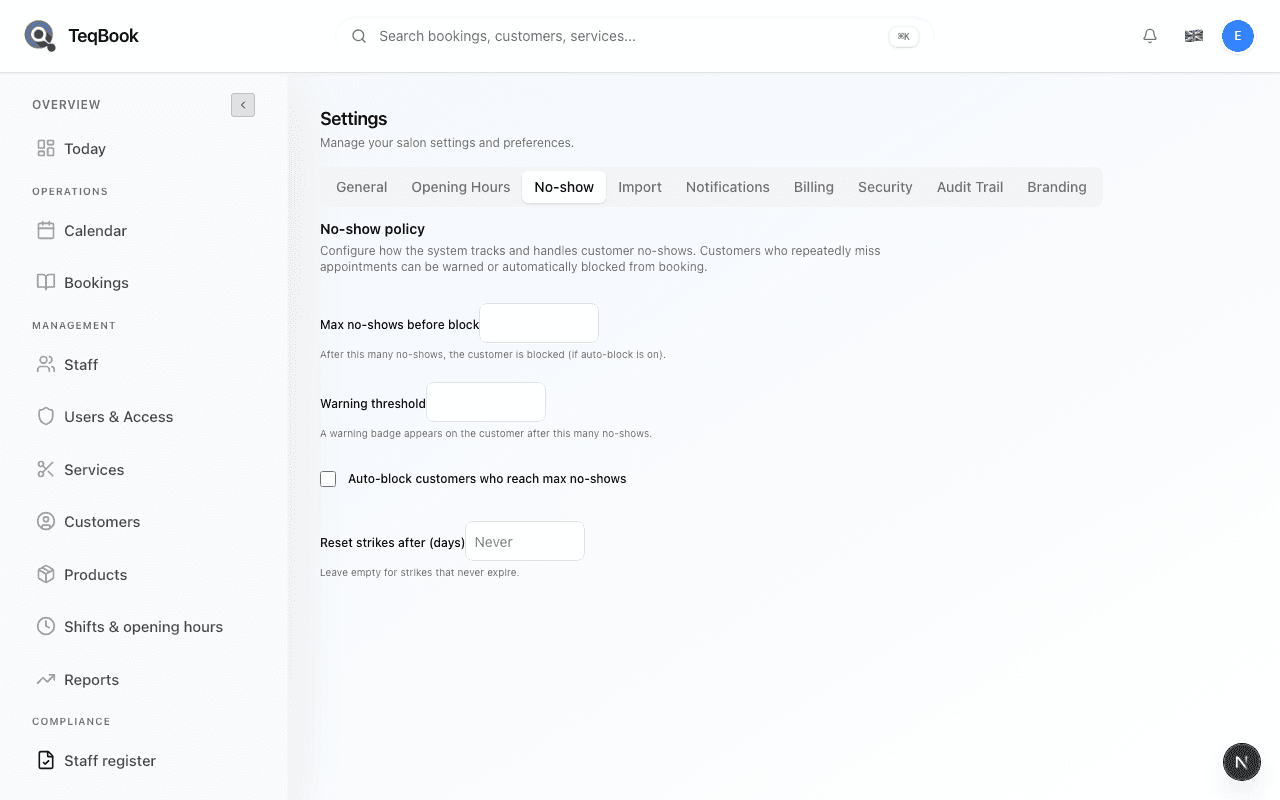 No-show policy settings page