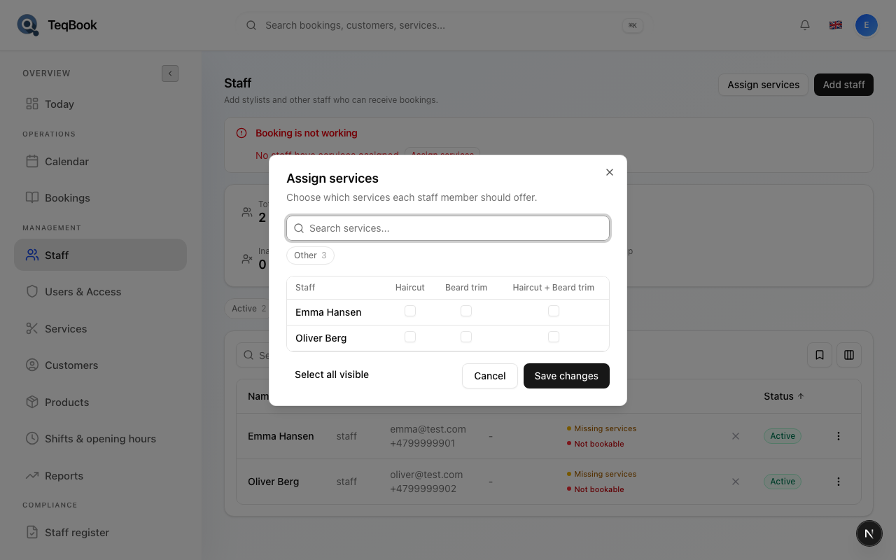 Assign services dialog
