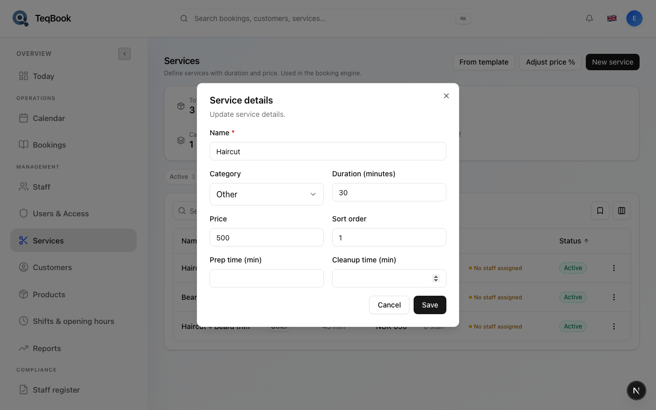 Edit form with name duration price