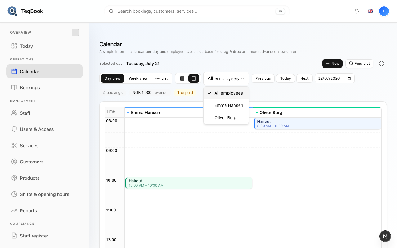 Staff filter dropdown open on Calendar
